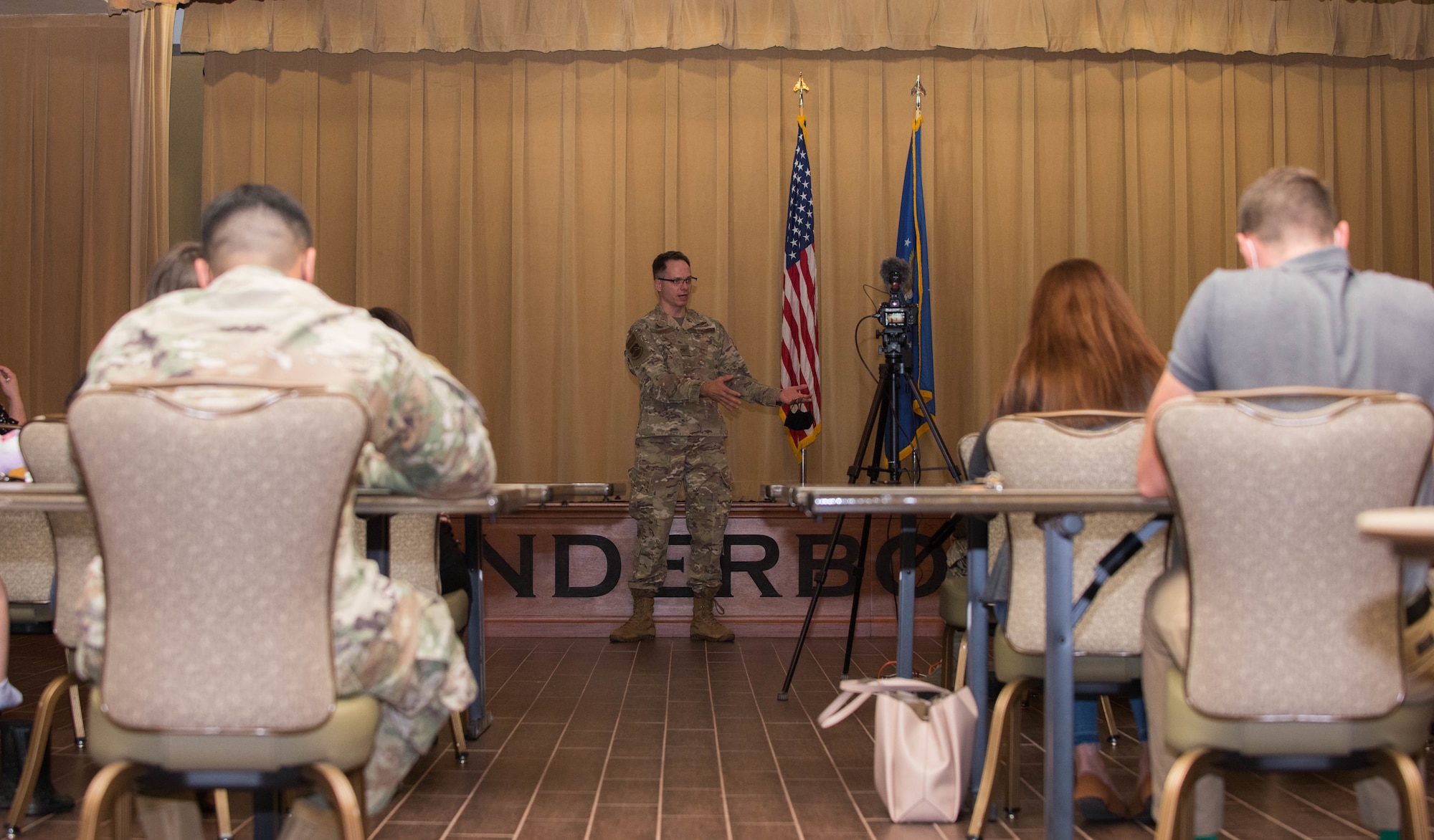 Col. Daniel Lamar, 56th Medical Group commander, answers questions during a town hall meeting Sept. 8, 2020, at Luke Air Force Base, Ariz.