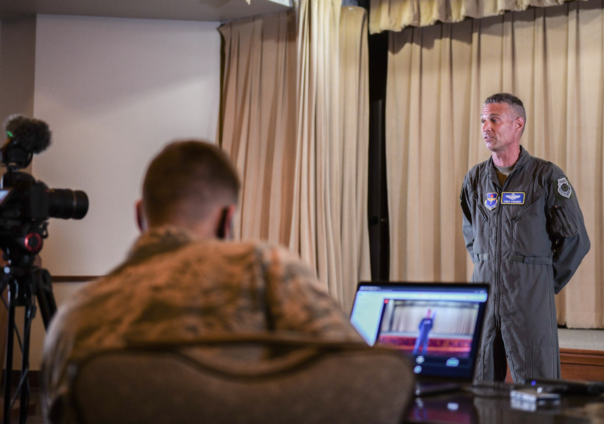 Brig. Gen. Gregory Kreuder, 56th Fighter Wing commander, speaks during a town hall meeting for spouses Sept. 10, 2020, at Luke Air Force Base, Ariz.