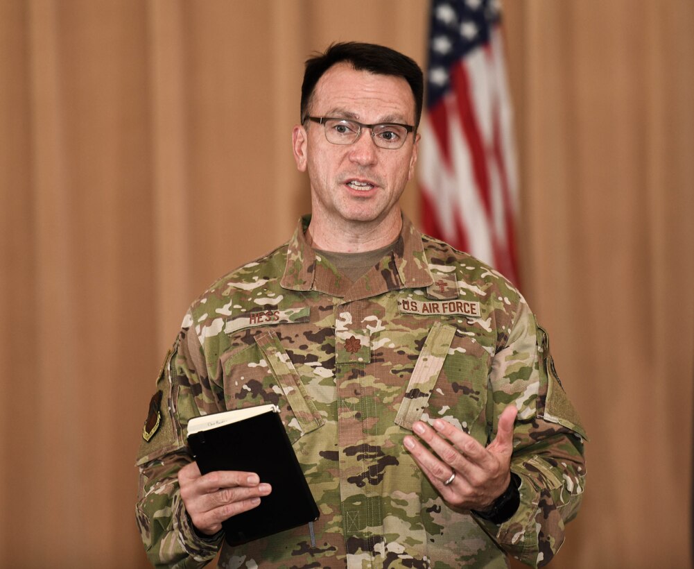 Maj. Douglas Hess, 56th Fighter Wing chaplain, speaks during a town hall meeting for spouses Sept. 10, 2020, at Luke Air Force Base, Ariz.