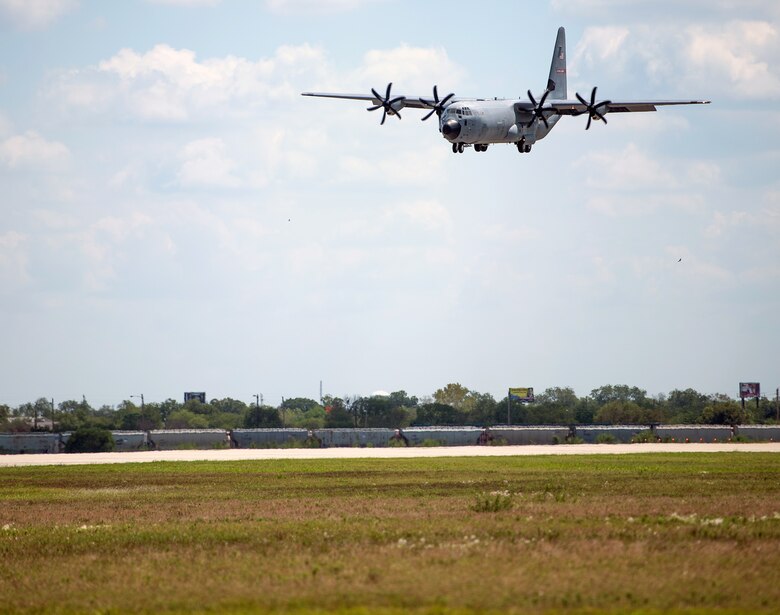 U.S. Air Force C-130Js from the 403rd Wing, Keesler Air Force Base, Mississippi, arrive Sept. 13, 2020, at Joint Base San Antonio-Lackland, Texas.