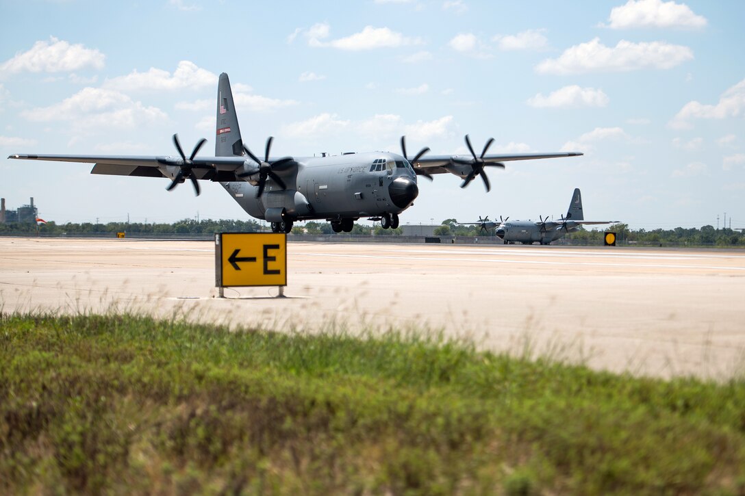 U.S. Air Force C-130Js from the 403rd Wing, Keesler Air Force Base, Mississippi, arrive Sept. 13, 2020, at Joint Base San Antonio-Lackland, Texas.