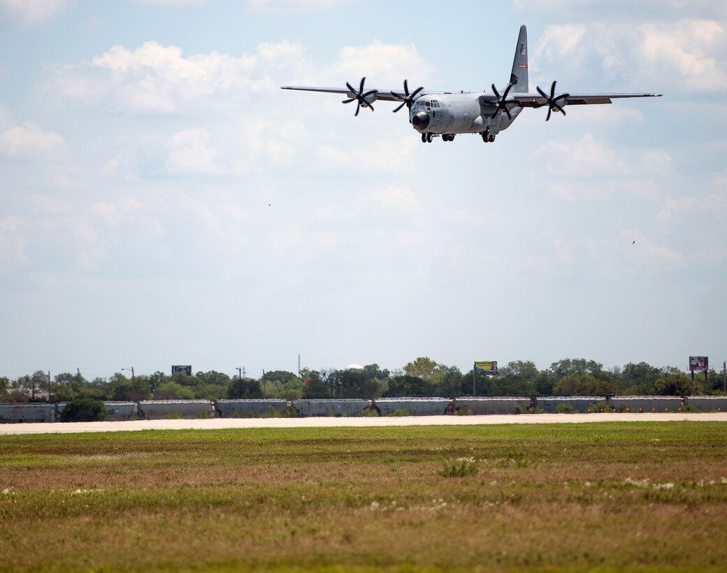 U.S. Air Force C-130Js from the 403rd Wing, Keesler Air Force Base, Mississippi, arrive Sept. 13, 2020, at Joint Base San Antonio-Lackland, Texas.