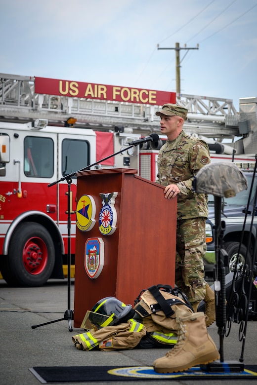 U.S. Air Force Chief Master Sgt. Joey R. Meininger, the 35th Fighter Wing command chief, makes the closing remarks during the ceremony at Misawa Air Base, Japan, Sept. 11, 2020. A remembrance ceremony was held to commemorate the 19th anniversary of the Sept. 11, 2001 terrorist attacks that claimed the lives of approximately 3,000 innocent people. (U.S. Air Force photo by Airman 1st Class China M. Shock)