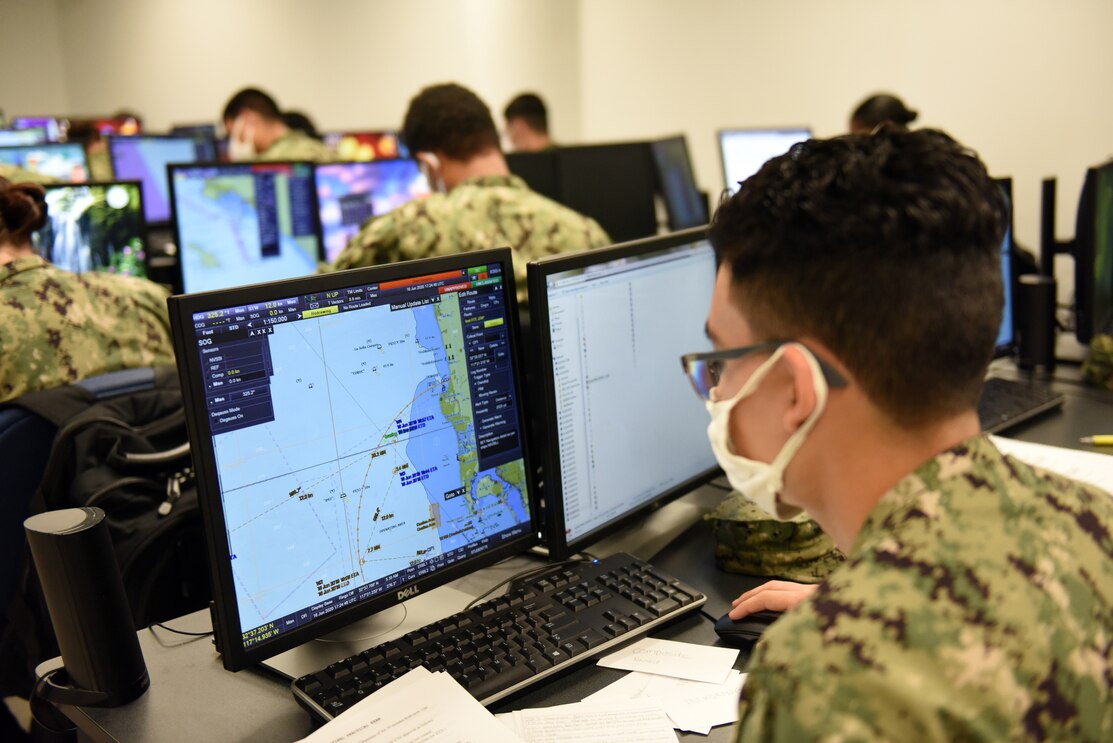 GREAT LAKES, Ill. (July 15, 2020) Surface Warfare Engineering School Command, Great Lakes students attending Quartermaster "A" School learn about operating the Voyage Management System (VMS). Once they graduate, they will be certified to use VMS Version 9 once they get to the fleet. (U.S. Navy photo by Matt Mogle)