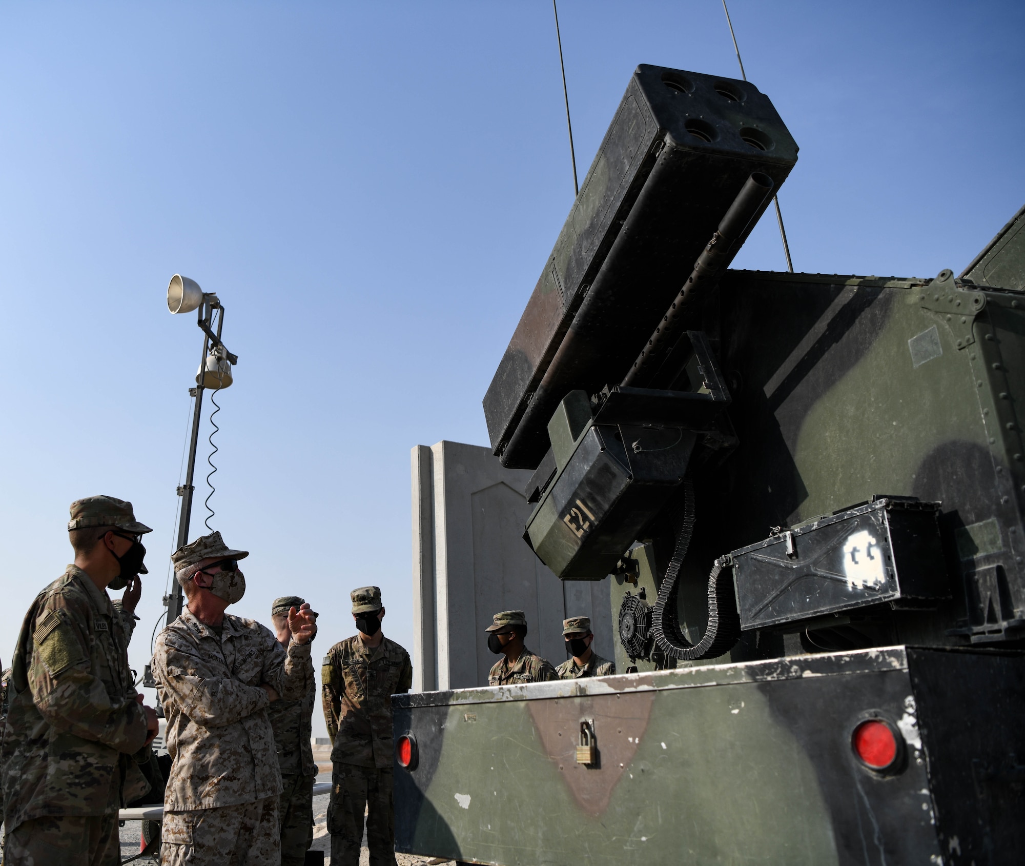 U.S. Marine Corps Gen. Kenneth F. McKenzie Jr., United States Central Command commander, receives a briefing about the capabilities the Avenger Air Defense System during a visit to the Alpha Battery 5-52 Air Defense Artillery Battalion, Sept. 13, 2020, at Al Dhafra Air Base, United Arab Emirates.