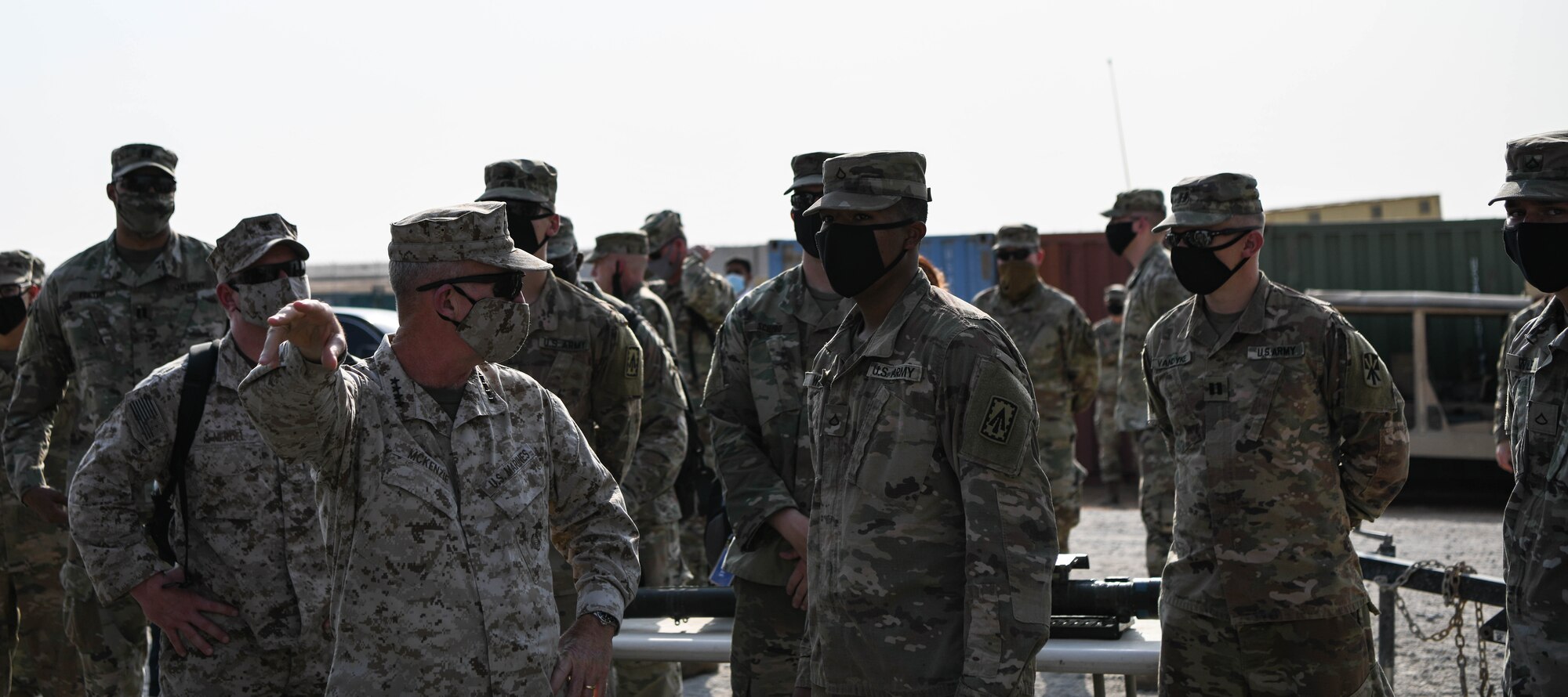 U.S. Marine Corps Gen. Kenneth F. McKenzie Jr., United States Central Command commander, talks to a group of Army Soldiers during a visit to the Alpha Battery 5-52 Air Defense Artillery Battalion, Sept. 13, 2020, at Al Dhafra Air Base, United Arab Emirates.