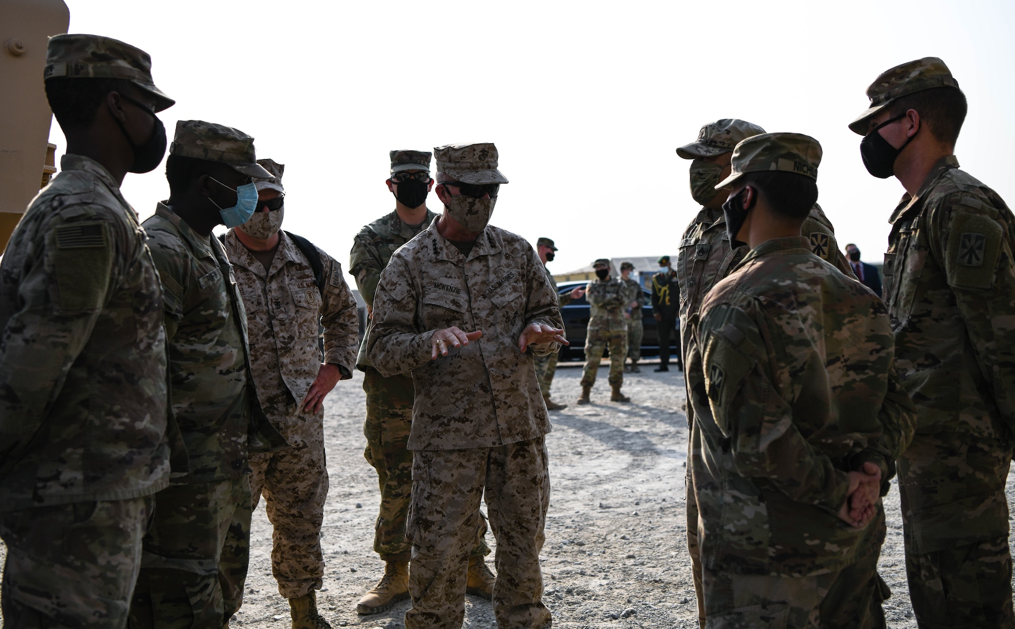 U.S. Marine Corps Gen. Kenneth F. McKenzie Jr., United States Central Command commander, talks to a group of Army Soldiers during a visit to the Alpha Battery 5-52 Air Defense Artillery Battalion, Sept. 13, 2020, at Al Dhafra Air Base, United Arab Emirates.