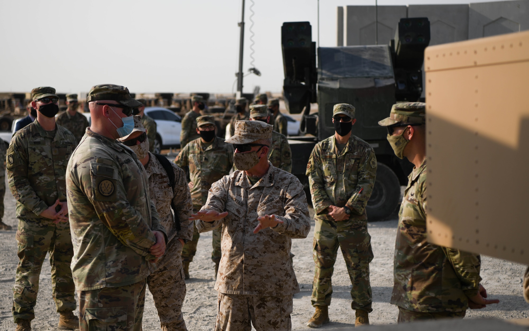 U.S. Marine Corps Gen. Kenneth F. McKenzie Jr., United States Central Command commander, talks to a group of Army Soldiers during a visit to the Alpha Battery 5-52 Air Defense Artillery Battalion, Sept. 13, 2020, at Al Dhafra Air Base, United Arab Emirates.