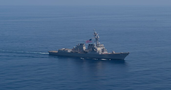 The Arleigh Burke-class guided-missile destroyer USS Roosevelt (DDG 80). Roosevelt, forward-deployed to Rota, Spain, is on its first patrol in the U.S. 6th Fleet area of operations in support of regional allies and partners and U.S. national security interests in Europe and Africa.