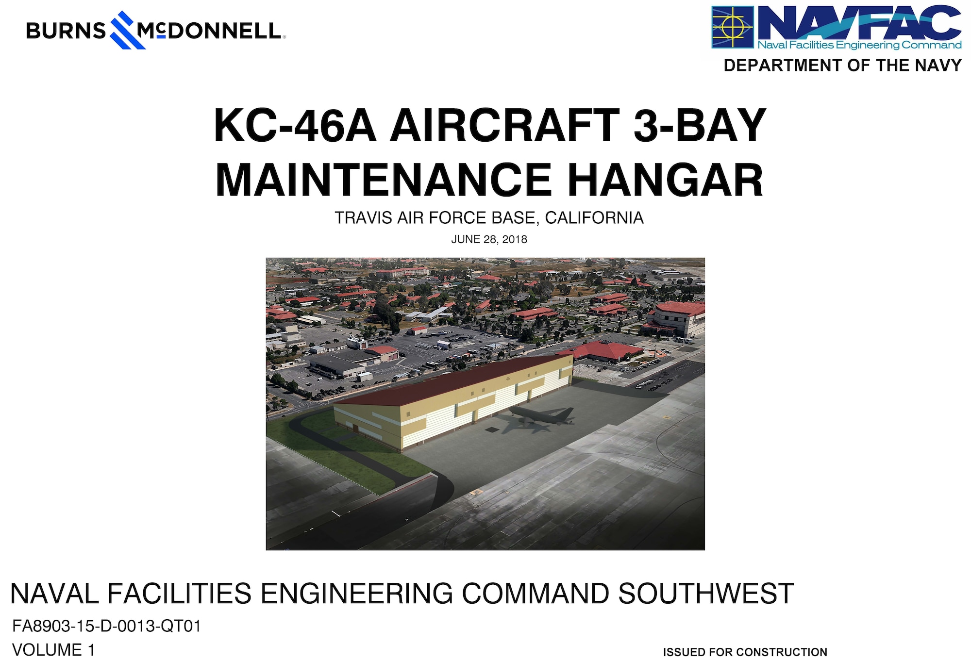 An artist rendering of the KC-46A aircraft three-bay maintenance hangar for Travis Air Force Base, California. (Courtesy graphic)