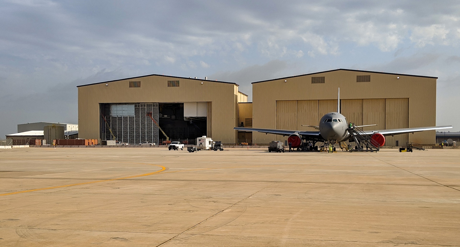 KC-46 corrosion control fuel hangar at Tinker Air Force Base, Oklahoma, a designated maintenance hub for the new refueling tanker. (U.S. Air Force photo)