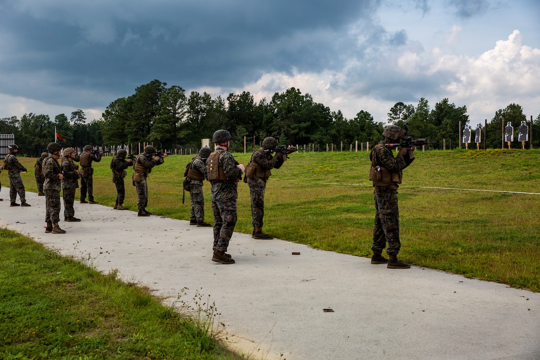 U.S. Marines sight in on their targets during a new experimental annual rifle qualification on Bravo Range at Stone Bay on Marine Corps Base Camp Lejeune, N.C., Sept. 2.