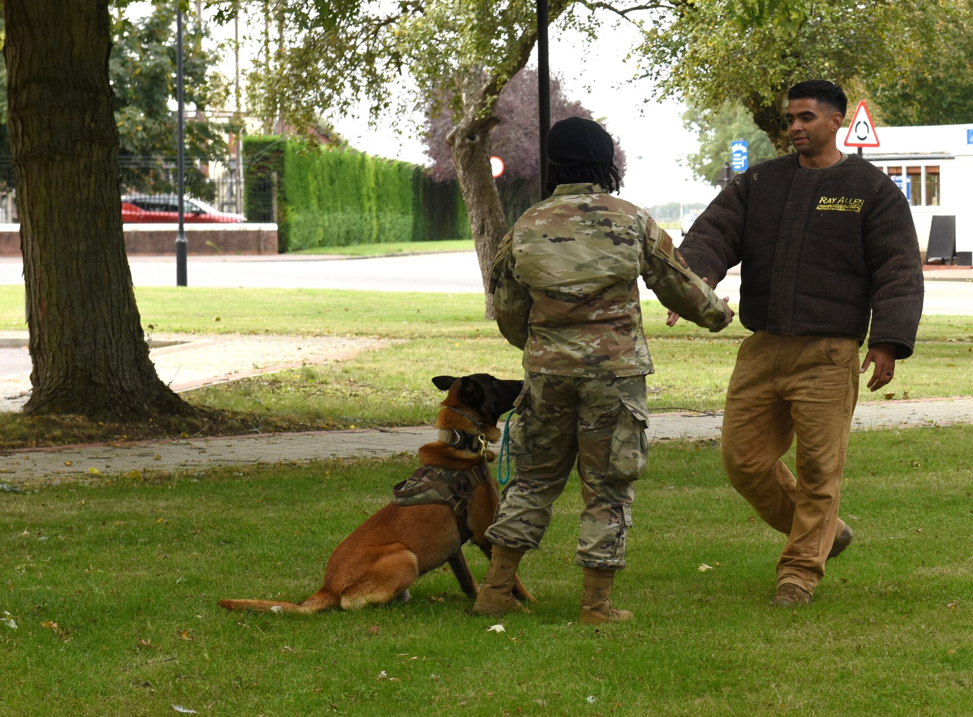 Staff Sgt. Jennifer Brinker, 100th Security Forces Squadron military working dog handler, and MWD Cigi, demonstrate dealing with a "bad guy," Staff Sgt. Ivan Mendez, 100th SFS MWD handler, during a demonstration as part of Patriot Day and 9/11 remembrance events at Royal Air Force Mildenhall, England, Sept. 11, 2020.