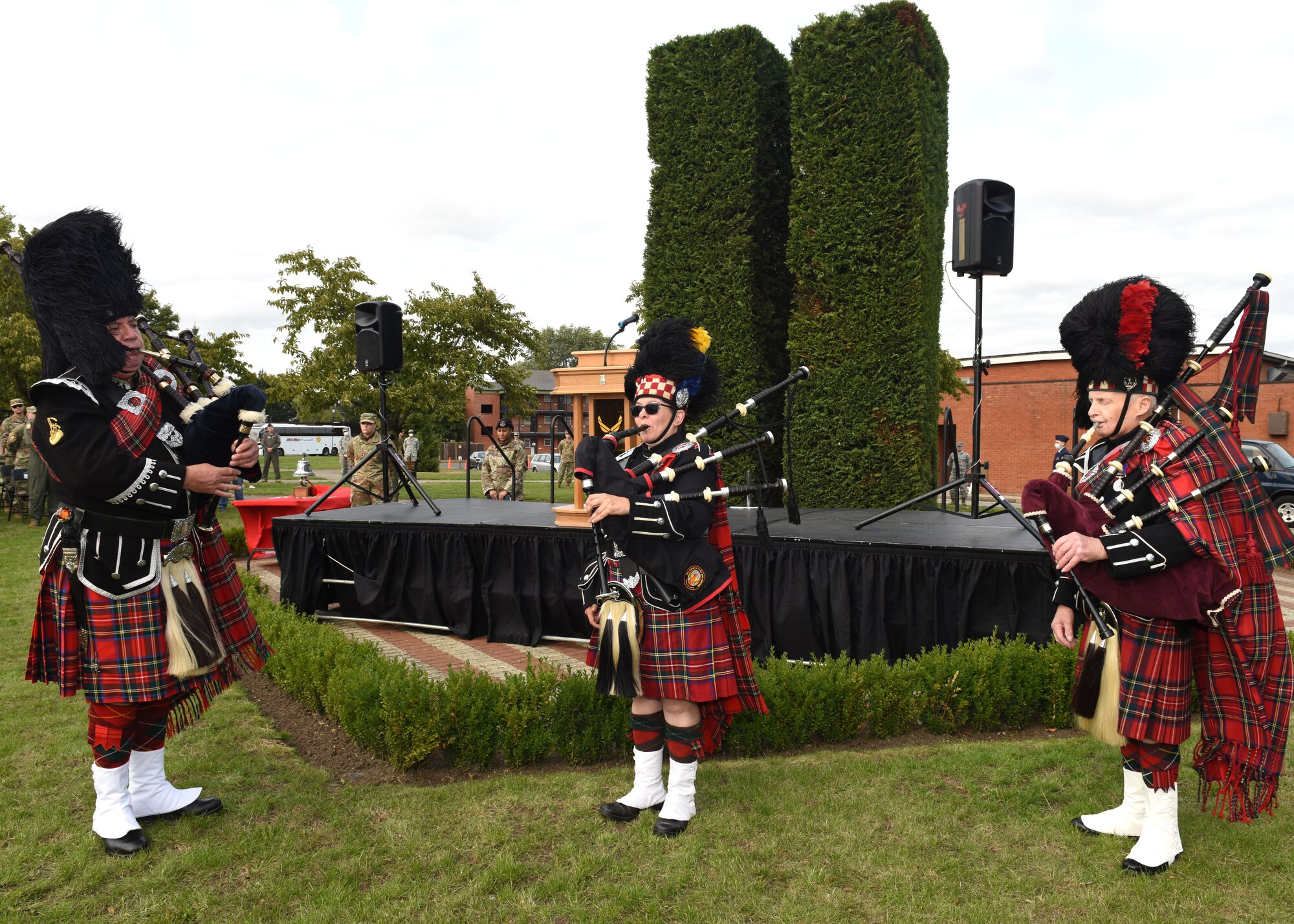 Bagpipers play during the 9/11 memorial ceremony at Royal Air Force Mildenhall, England, Sept. 11, 2020.