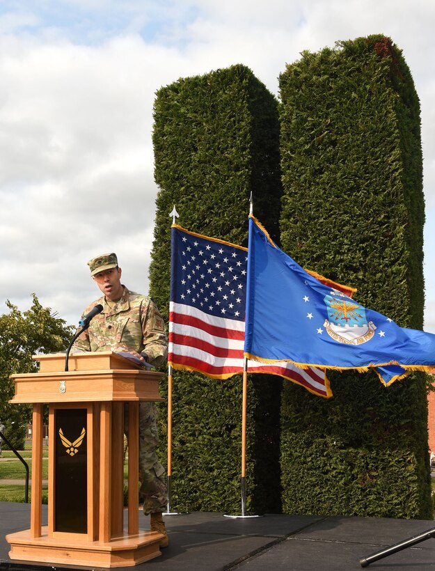 Lt. Col. Daniel Craig, 48th Civil Engineer Squadron commander, delivers opening remarks at the 9/11 memorial ceremony at Royal Air Force Mildenhall, England, Sept. 11, 2020.