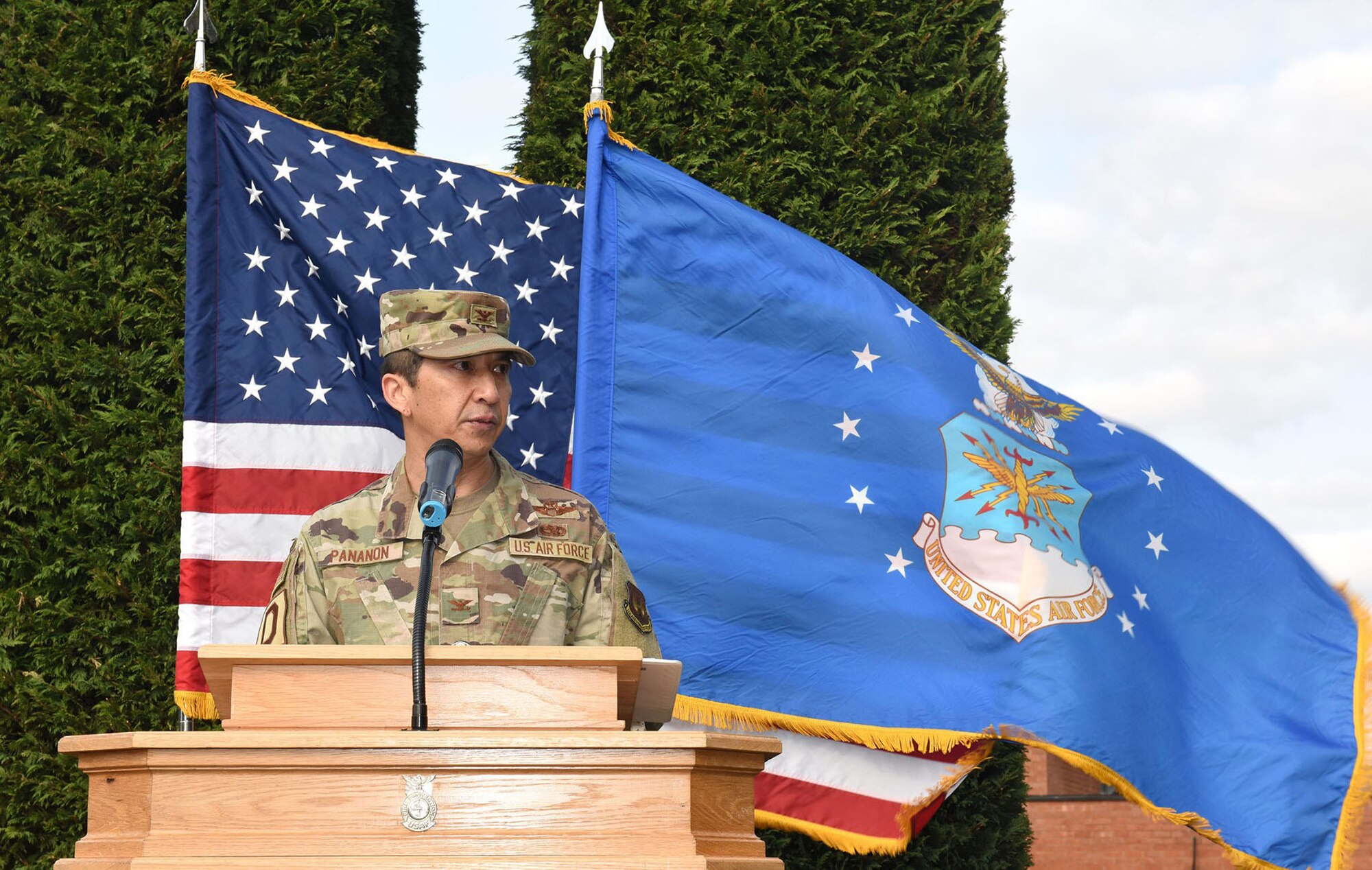 Col. Troy Pananon, 100th Air Refueling Wing commander, delivers closing remarks at the 9/11 memorial ceremony at Royal Air Force Mildenhall, England, Sept. 11, 2020.