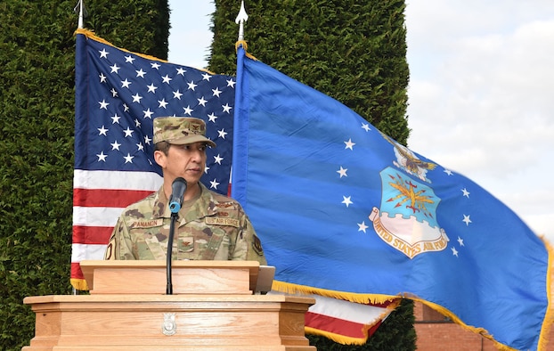 Col. Troy Pananon, 100th Air Refueling Wing commander, delivers closing remarks at the 9/11 memorial ceremony at Royal Air Force Mildenhall, England, Sept. 11, 2020.