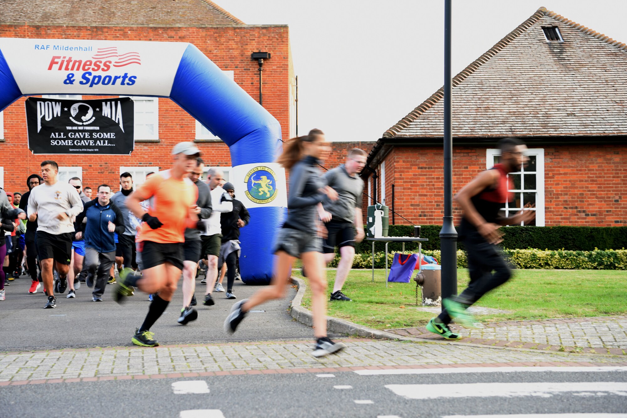 Members of Team Mildenhall begin the 5K for Prisoners of war/missing in action at Royal Air Force Mildenhall, England, Sept. 11, 2020.