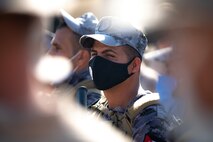 200901-M-NK334-0006 CAMP TITIN, Jordan (Sept. 1, 2020) – A Royal Jordanian Marine listens to a safety brief before conducting close-quarters battle drills during Exercise Infinite Defender 20 at Camp Titin, Jordan, Sept. 1. Infinite Defender (ID) 20 is a bilateral maritime infrastructure protection (MIP), explosive ordnance disposal (EOD), and anti-terrorism force protection (ATFP) exercise between the Jordanian Armed Forces (JAF) and U.S. Naval Forces Central Command (NAVCENT). (U.S. Marine Corps photo by Cpl. Robert Kuehn)