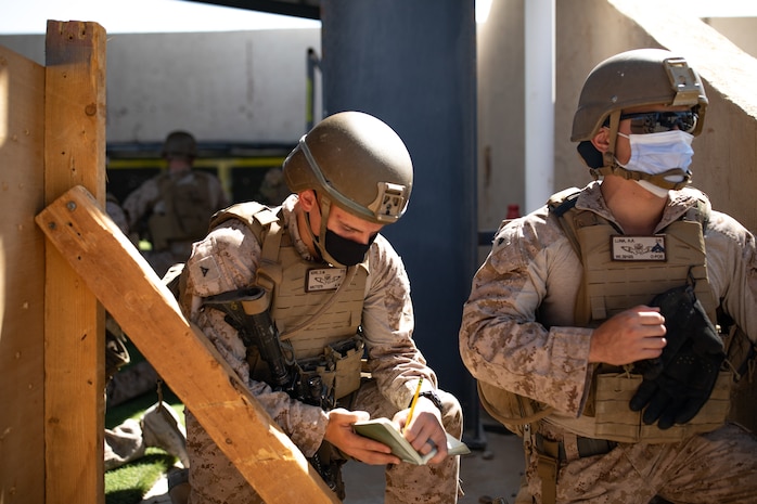 200901-M-NK334-0008 CAMP TITIN, Jordan (Sept. 1, 2020) – U.S. Marines with Special Purpose Marine Air-Ground Task Force – Crisis Response – Central Command rehearse close-quarters battle tactics during Exercise Infinite Defender 20 at Camp Titin, Jordan, Sept. 1. Infinite Defender (ID) 20 is a bilateral maritime infrastructure protection (MIP), explosive ordnance disposal (EOD), and anti-terrorism force protection (ATFP) exercise between the Jordanian Armed Forces (JAF) and U.S. Naval Forces Central Command (NAVCENT). (U.S. Marine Corps photo by Cpl. Robert Kuehn)