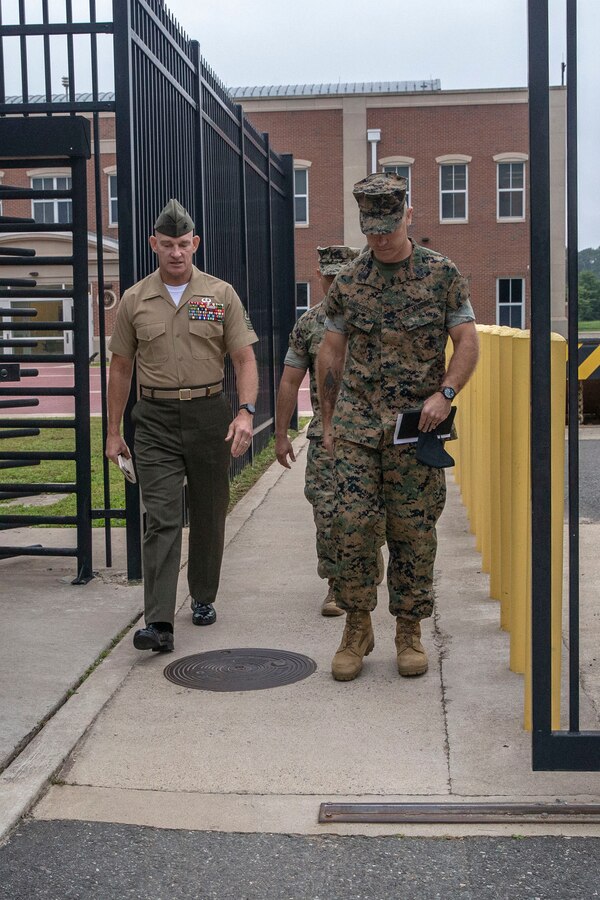 The 19th Sergeant Major of the Marine Corps, Sgt. Maj. Troy E. Black, talks with the leadership of Marine Corps Embassy Security Group at Marine Corps Base Quantico, V.A., Sept. 9, 2020. The meeting covered the Marine Security Augmentation (MSAU) Unit. THe mission of MSAU, in support of the Department of State, is to direct rapidly deployable, specifically trained, augmentation elements to provide security at designated United States diplomatic and consular facilities in order to protect the United States diplomatic personnel and prevent the compromise of national security. (U.S. Marine Corps photo by Sgt. Victoria Ross)