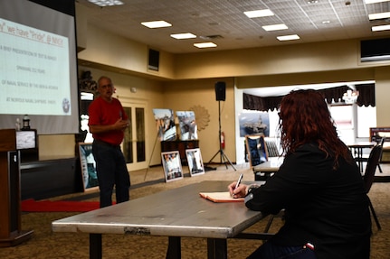 Norfolk Naval Shipyard (NNSY) Executive Development Program (EDP) Cadre 9 team member General Arrangements Branch (Code 254) Naval Architect Rachel Yarasavich shadowed NNSY Historian Marcus Robbins during his history presentation for new employees at America's Shipyard.