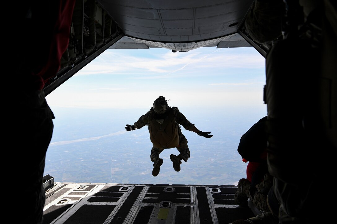 U.S. Airmen and Soldiers prepare to jump during a Military Freefall Jumpmaster Course at Aviano Air Base, Italy, Sept. 11, 2020. The course is normally taught at the 68th Rescue Squadron, at Davis-Monthan Air Force Base in Tucson, Arizona. This was the first Mobile Training Team for the 68th RQS Military Freefall Jumpmaster Course. (U.S. Air Force photo by Staff Sgt. Savannah L. Waters)