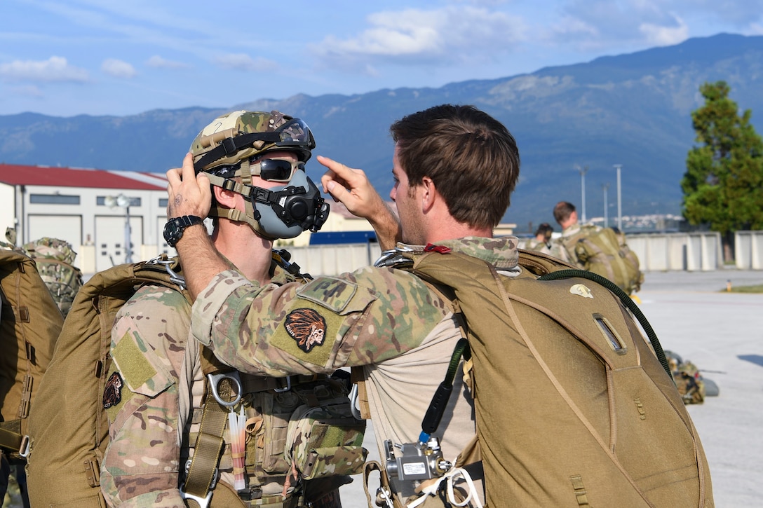 U.S. Airmen and Soldiers prepare to jump during a Military Freefall Jumpmaster Course at Aviano Air Base, Italy, Sept. 11, 2020.
