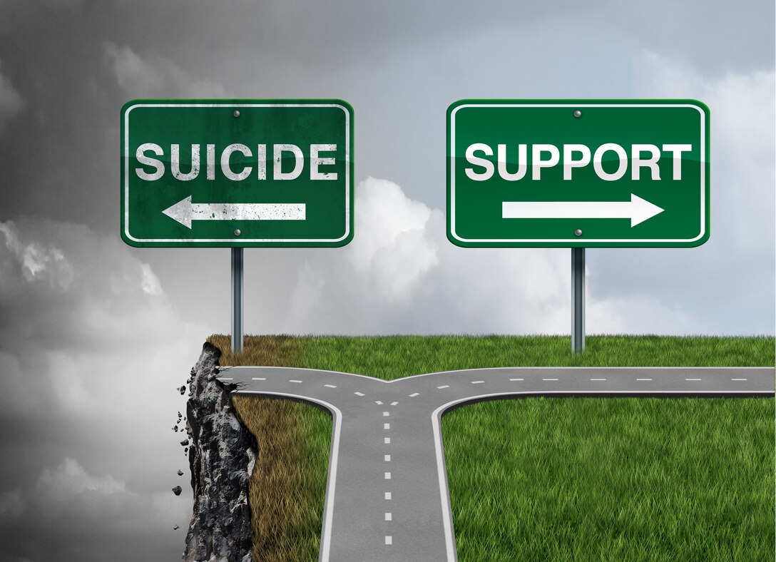Graphic shows a road leading two directions - one to suicide the other to support.
