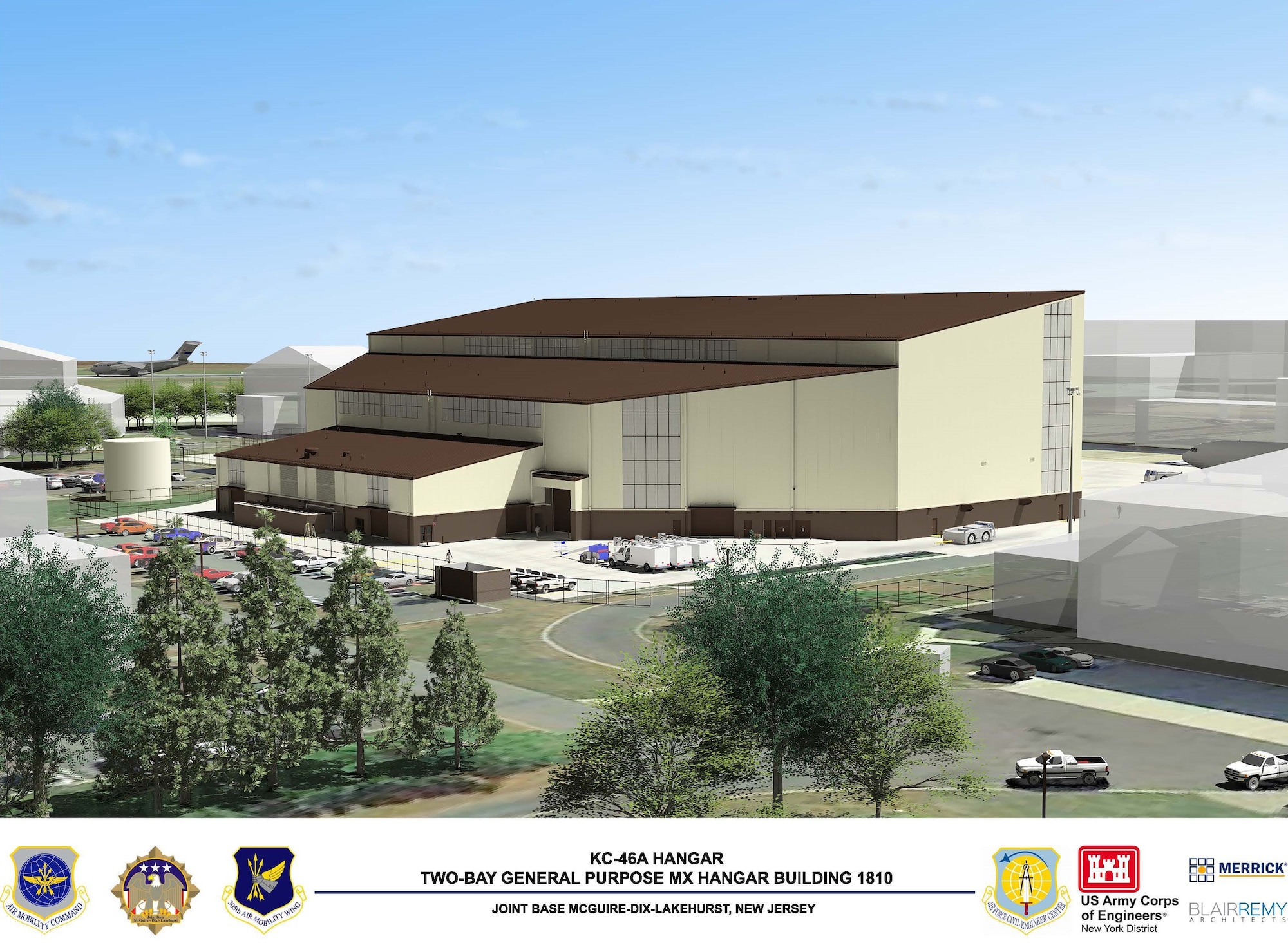 An artist rendering of the KC-46A two-bay general purpose maintenance hangar for Joint Base McGuire-Dix-Lakehurst, New Jersey. (Courtesy graphic)