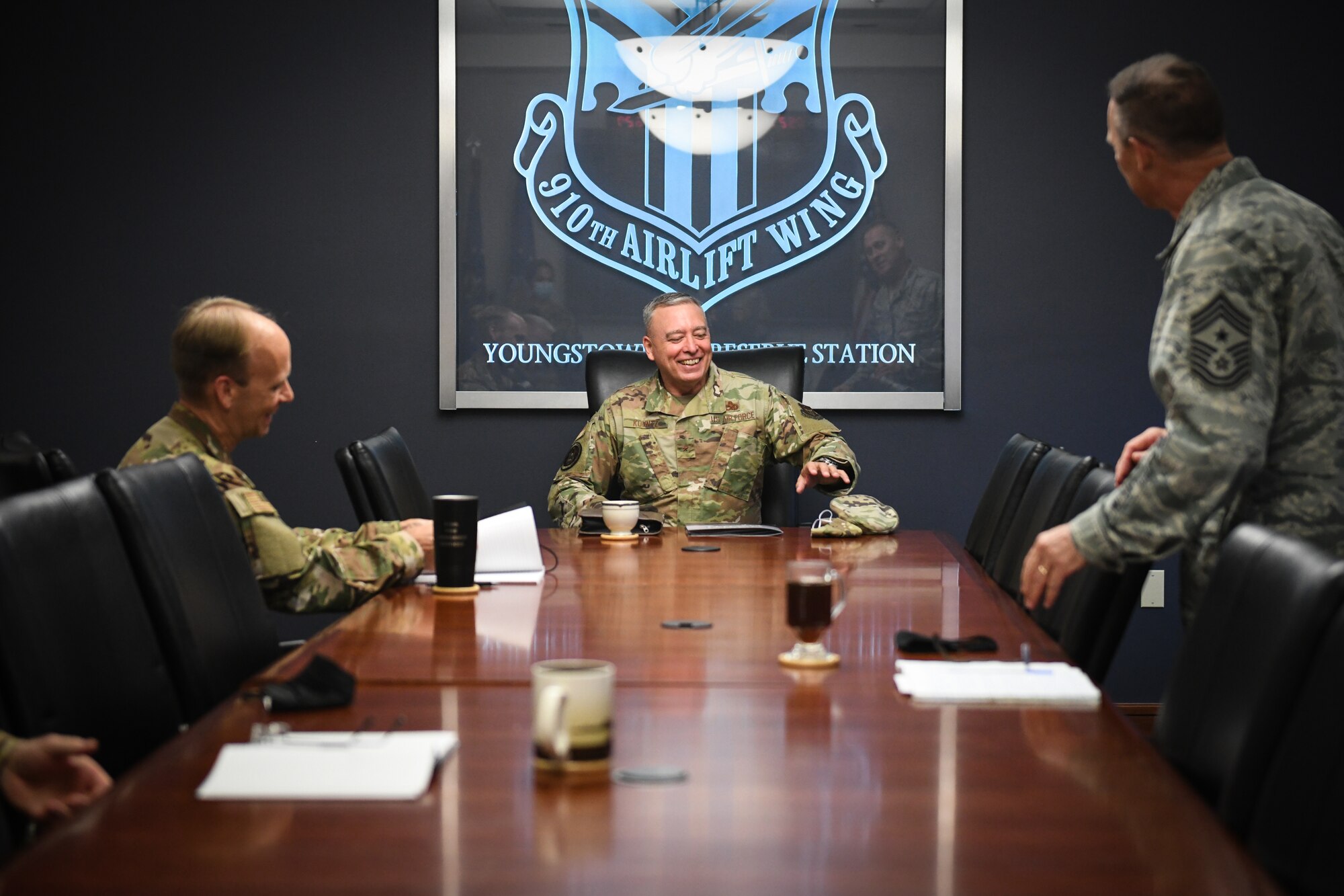 Brig. Gen. William Kountz, the director of logistics, engineering and force protection for Air Force Reserve Command, sits down for a conversation with Col. Joe Janik, the 910th Airlift Wing commander, and Chief Master Sgt. Christopher Williams, the 910th AW command chief,  Sept. 13, 2020, at Youngstown Air Reserve Station, Ohio.