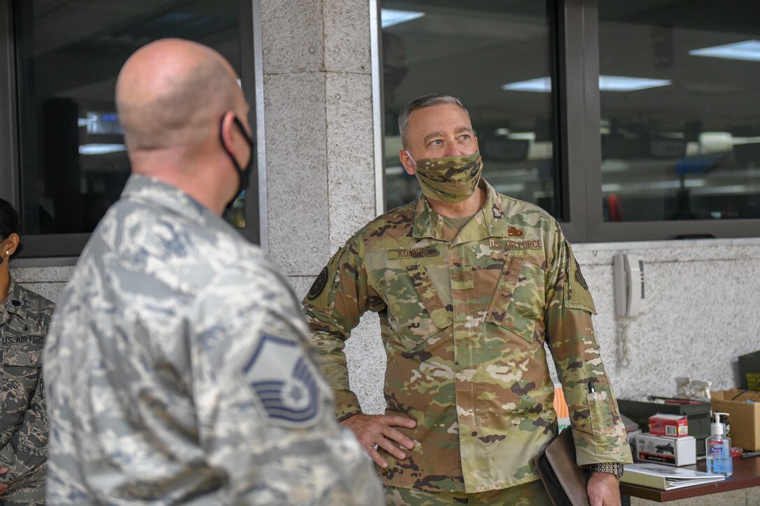 Brig. Gen. William Kountz, the director of logistics, engineering and force protection for Air Force Reserve Command, and Master Sgt. Brody Grazier, a Combat Arms Training and Maintenance program manager assigned to the 910th Security Forces Squadron, discuss the capabilities of the 910th Airlift Wing’s firing range, Sept. 13, 2020, at Youngstown Air Reserve Station, Ohio.