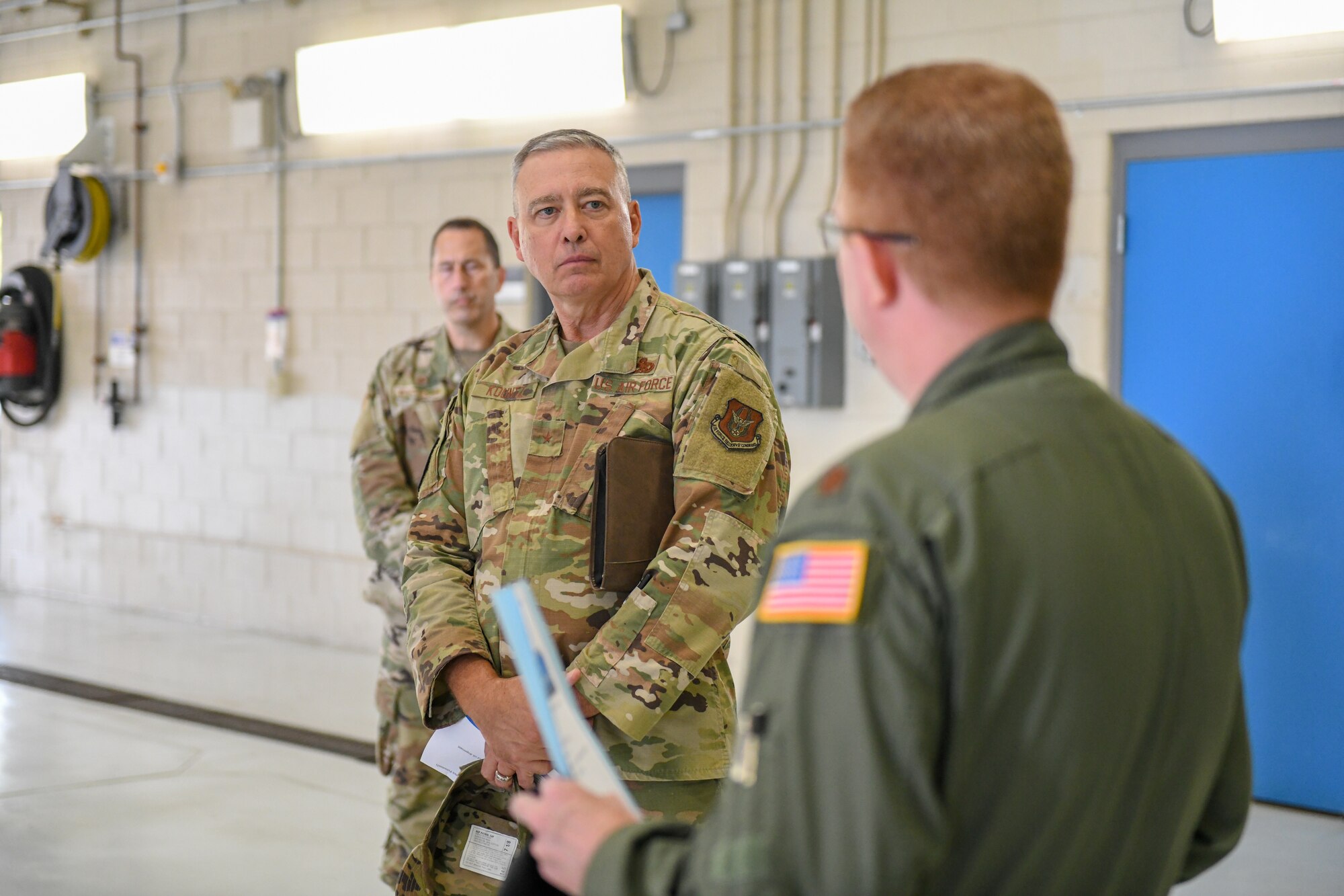 Brig. Gen. William Kountz, the director of logistics, engineering and force protection for Air Force Reserve Command, and Maj. Ryan Cooley, the chief navigator of the 757th Airlift Squadron, discuss the 757th AS’s capabilities.