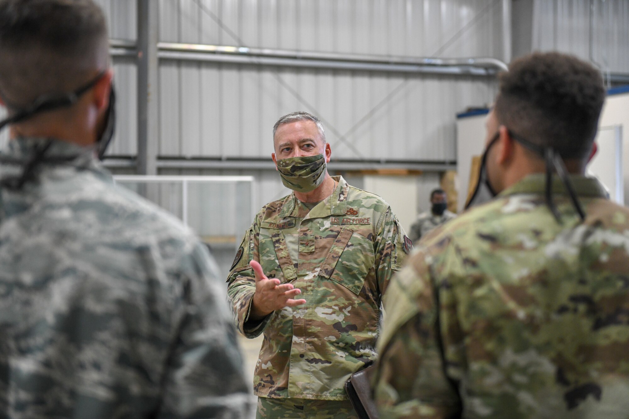 Brig. Gen. William Kountz, the director of logistics, engineering and force protection for Air Force Reserve Command, talks with Reserve Citizen Airmen from the 910th Civil Engineer Squadron, Sept. 13, 2020, at Youngstown Air Reserve Station, Ohio. Kountz spent the day at YARS visiting squadrons to learn about their missions and get a better understanding of how AFRC can assist.