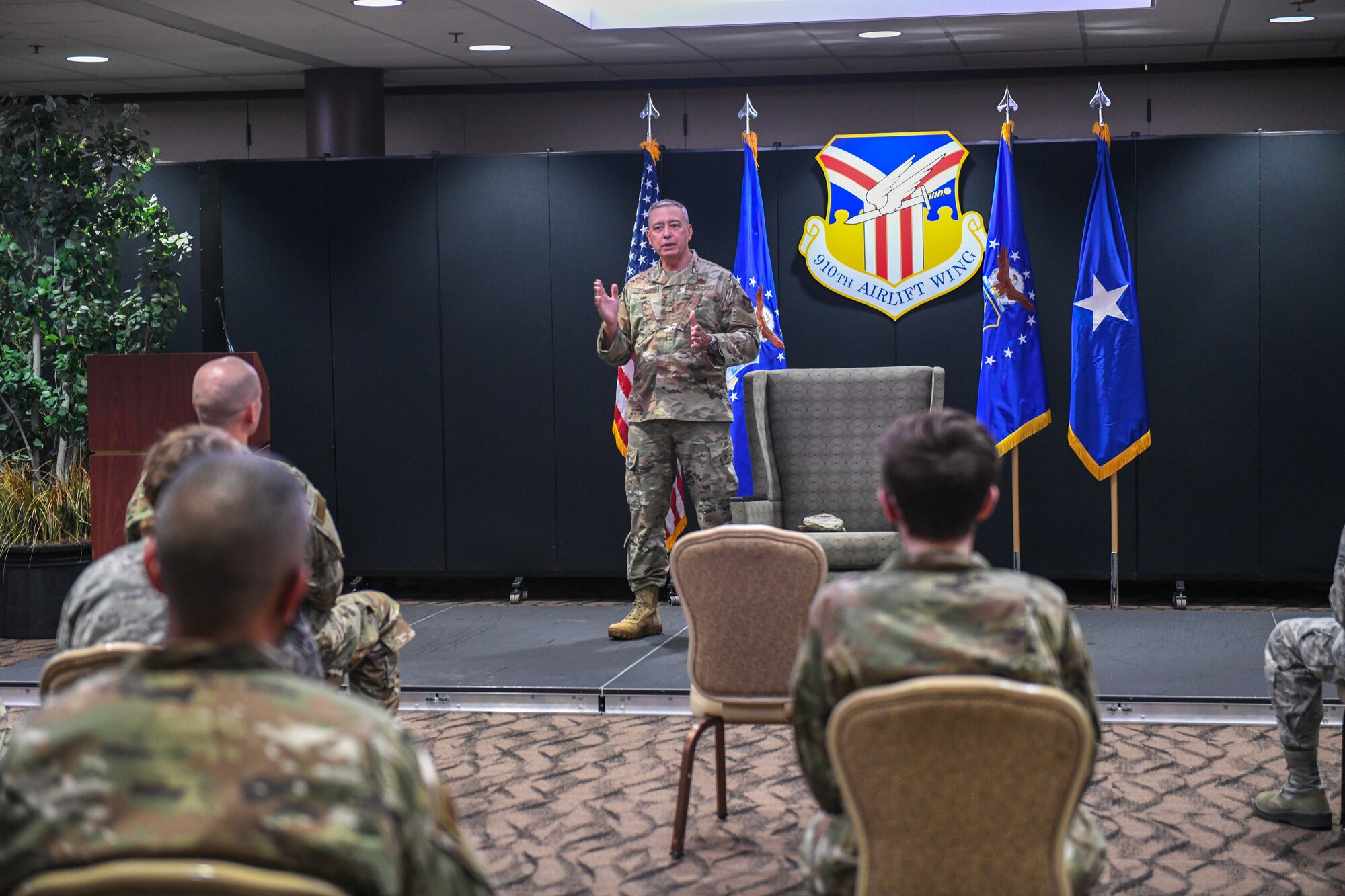 Brig. Gen. William Kountz, the director of logistics, engineering and force protection for Air Force Reserve Command, speaks to a group of 910th Airlift Wing Reserve Citizen Airmen, Sept. 13, 2020, Youngstown Air Reserve Station, Ohio.