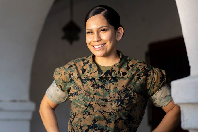 Sgt. Roxanne Gorostieta, the administrative chief with the Command Element, I Marine Expeditionary Force, poses for a photo at the Santa Margarita Ranch House. Gorostieta spent her early years in Hermosillo, Sonora, Mexico and later came to Phoenix, Arizona. She attributes her strong work ethic to her mother, who came to the United States with the clothes on her back and her four children to give them a better future. (U.S. Marine Corps photo by Lance Cpl. Angela Wilcox)