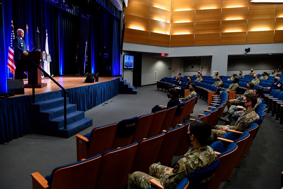 Chief of Space Operations Gen. John W. Raymond delivers remarks during a ceremony at the Pentagon transferring airmen into the U.S. Space Force, Arlington, Va., Sept. 15, 2020. About 300 airmen at bases worldwide, including 22 in the audience, transferred during the ceremony.  (U.S. Air Force photo by Eric R. Dietrich)