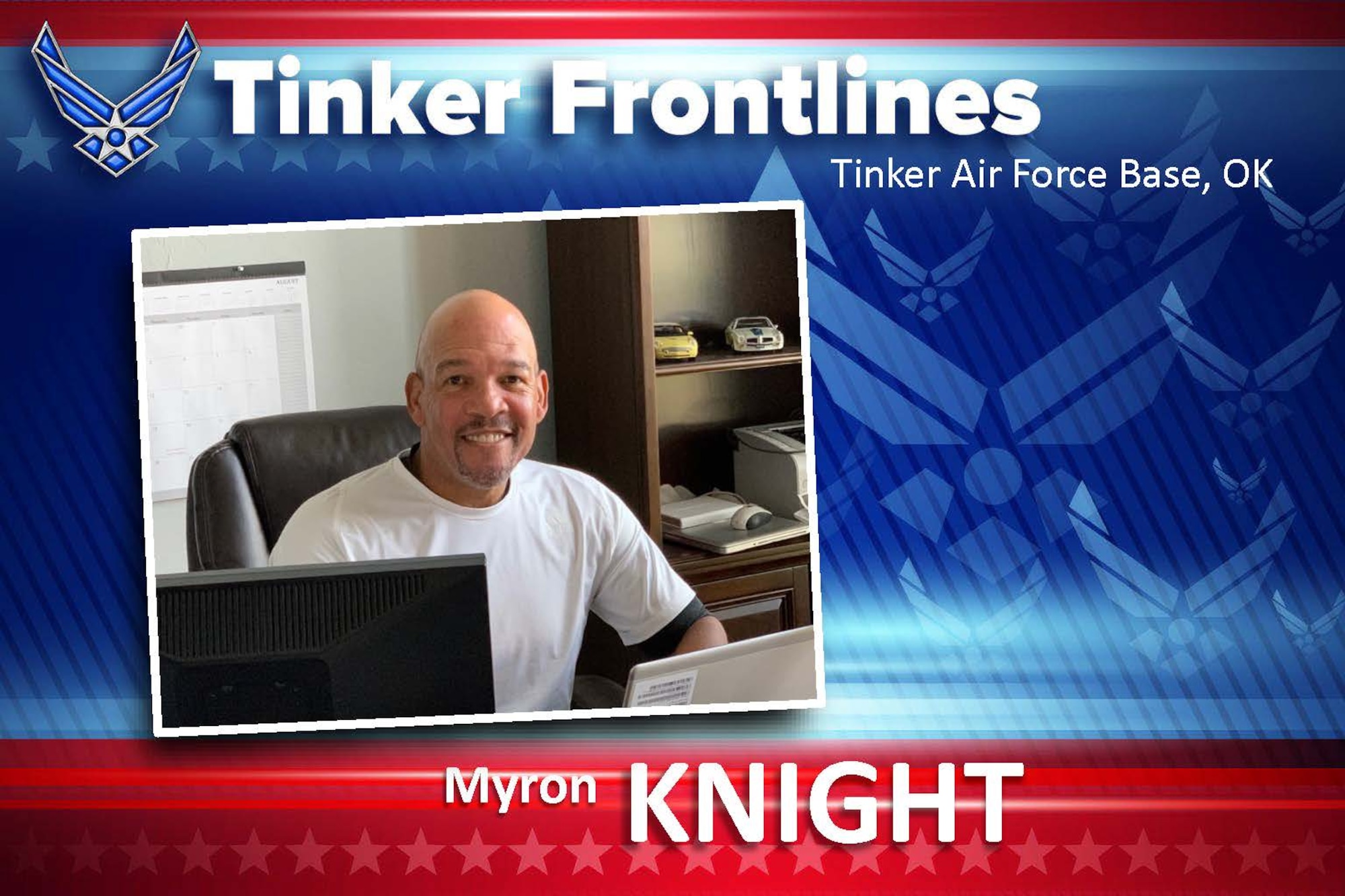 Graphic of Tinker Frontlines with photo of man in white shirt sitting at a desk behind a computer