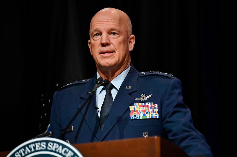 Chief of Space Operations Gen. John W. Raymond delivers remarks during a ceremony at the Pentagon transferring airmen into the U.S. Space Force, Arlington, Va., Sept. 15, 2020. About 300 airmen at bases worldwide, including 22 in the audience, transferred during the ceremony.