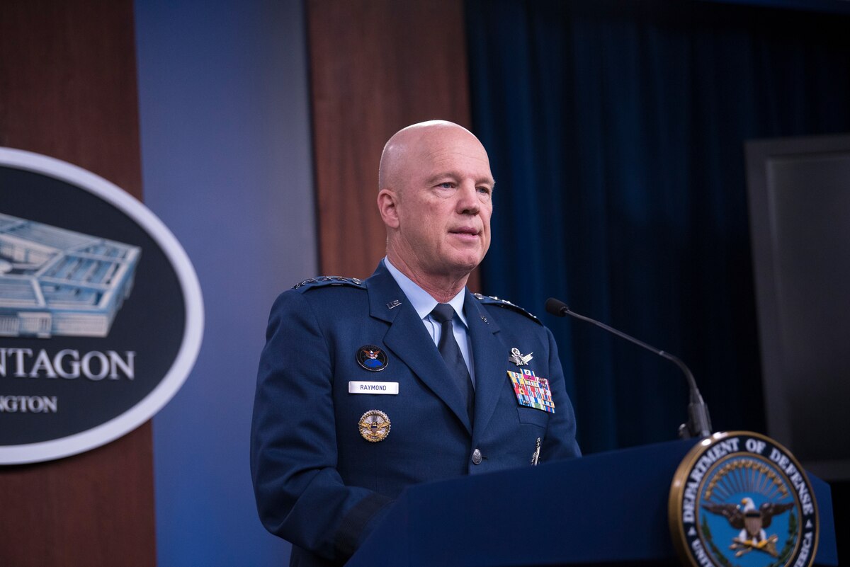  Space Force Gen. John W. "Jay" Raymond, the chief of space operations and commander of the U.S. Space Command, attends a virtual event with the National Defense University Foundation to discuss its mission, initiatives and national security, Oct. 27, 2020.
