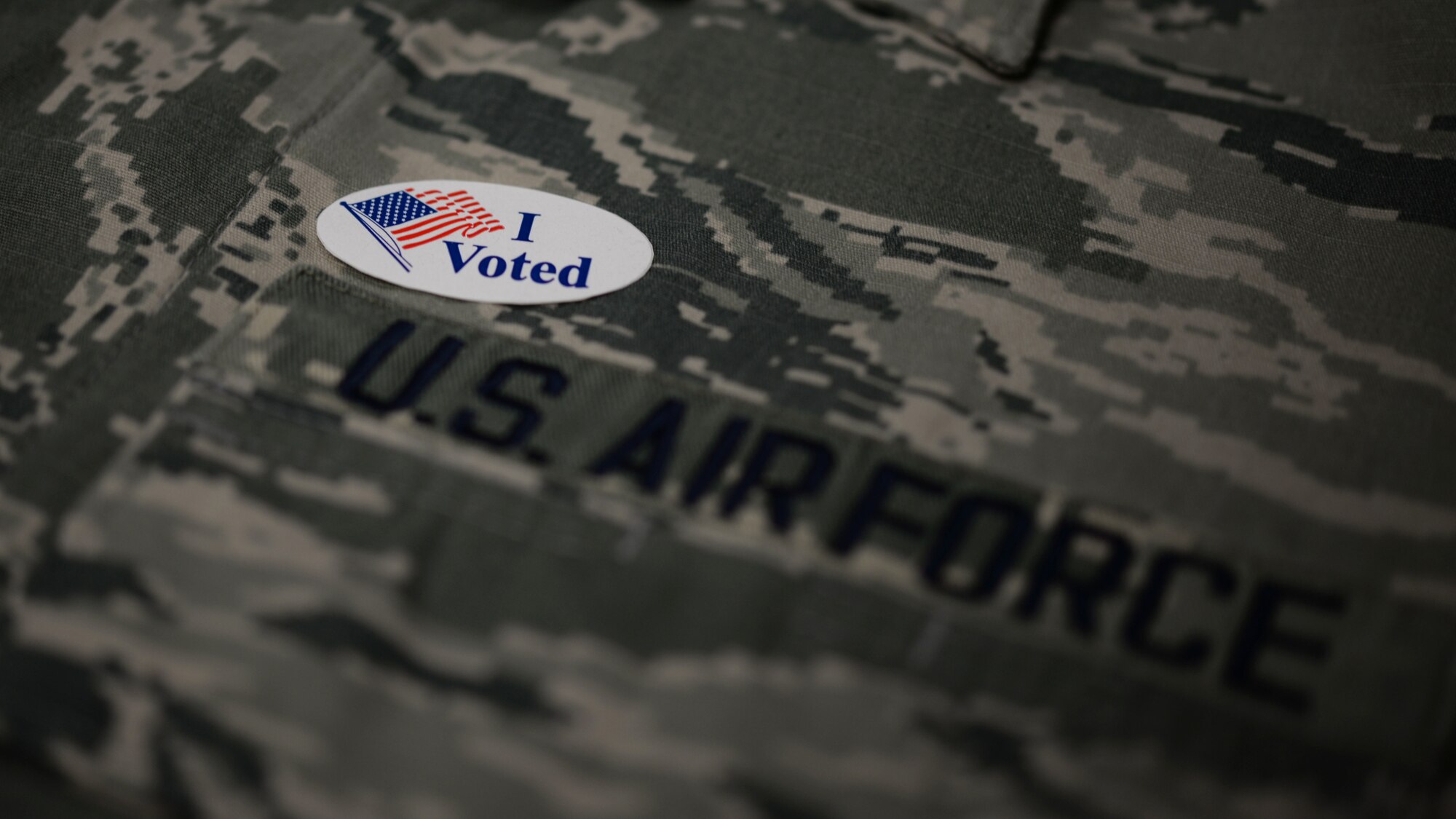An "I voted" sticker is displayed on an U.S. Air Force uniform. Air Force members have the opportunity to vote regardless of location with the Federal Post Card Application. (Courtesy Photo)