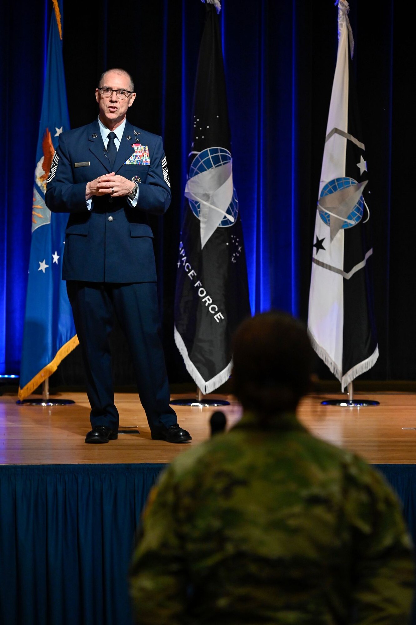 Chief Master Sgt. Roger A. Towberman, senior enlisted advisor of U. S. Space Force, delivers remarks after a ceremony at the Pentagon transferring airmen into the Space Force, Arlington, Va., Sept. 15, 2020. About 300 airmen at bases worldwide, including 22 in the audience, transferred during the ceremony.