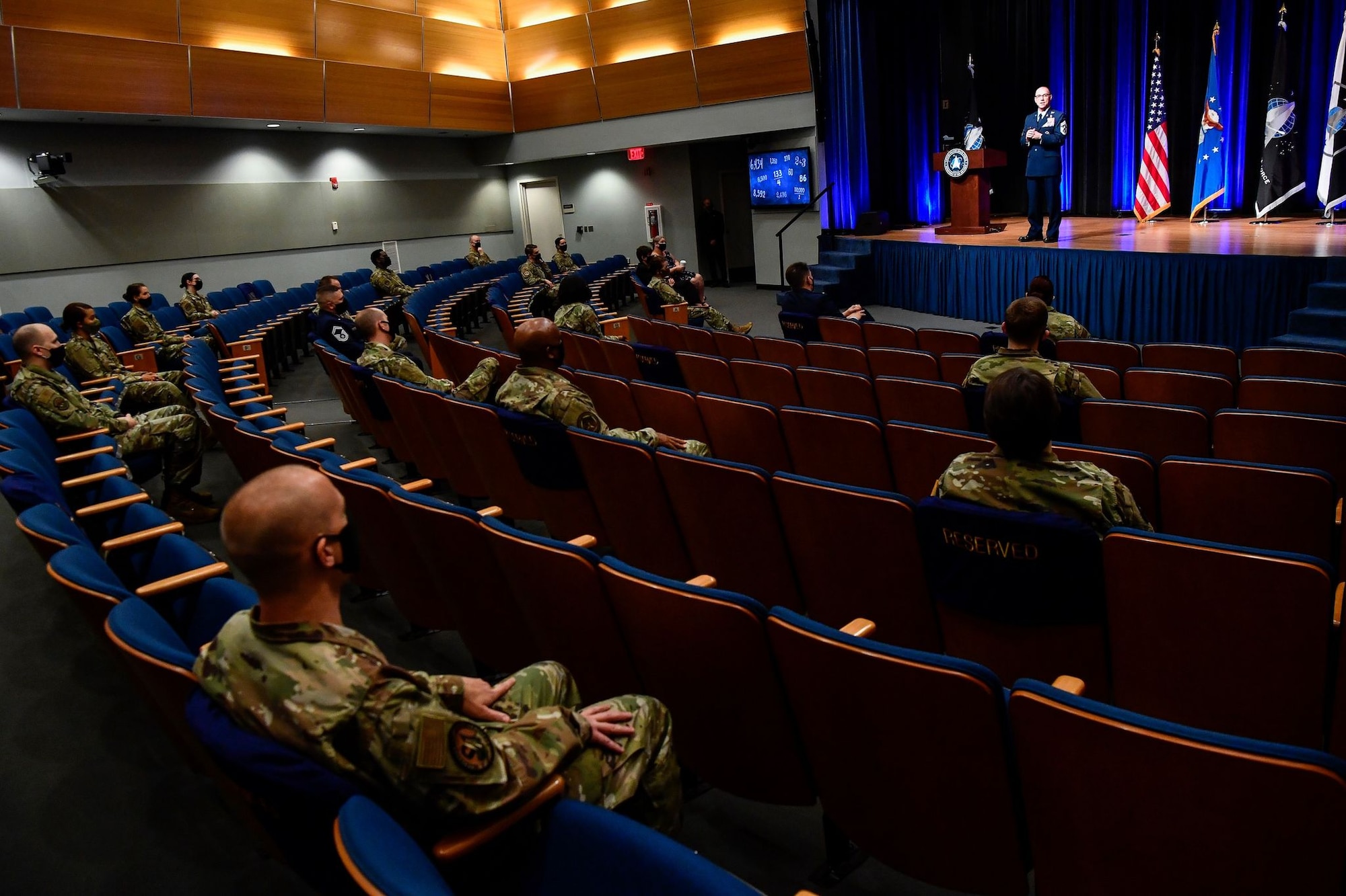 Chief Master Sgt. Roger A. Towberman, senior enlisted advisor of U. S. Space Force, delivers remarks after a ceremony at the Pentagon transferring airmen into the Space Force, Arlington, Va., Sept. 15, 2020. About 300 airmen at bases worldwide, including 22 in the audience, transferred during the ceremony. (U.S. Air Force photo by Eric R. Dietrich)