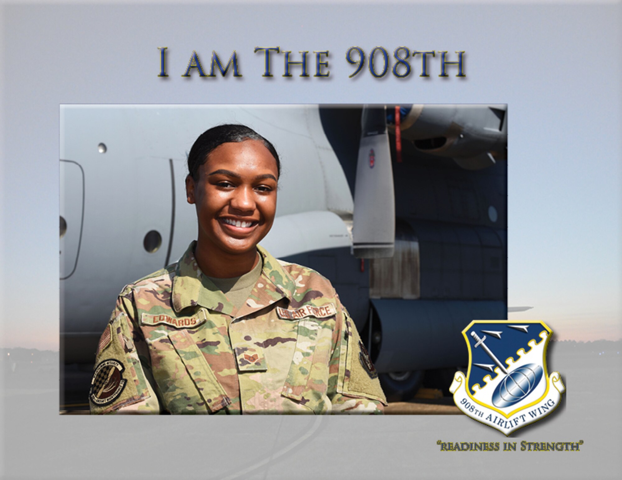 Staff Sgt. Airielle Edwards, an avionics technician with the 908th Aircraft Maintenance Squadron poses in front of a C-130 H2 at Maxwell Air Force Base.