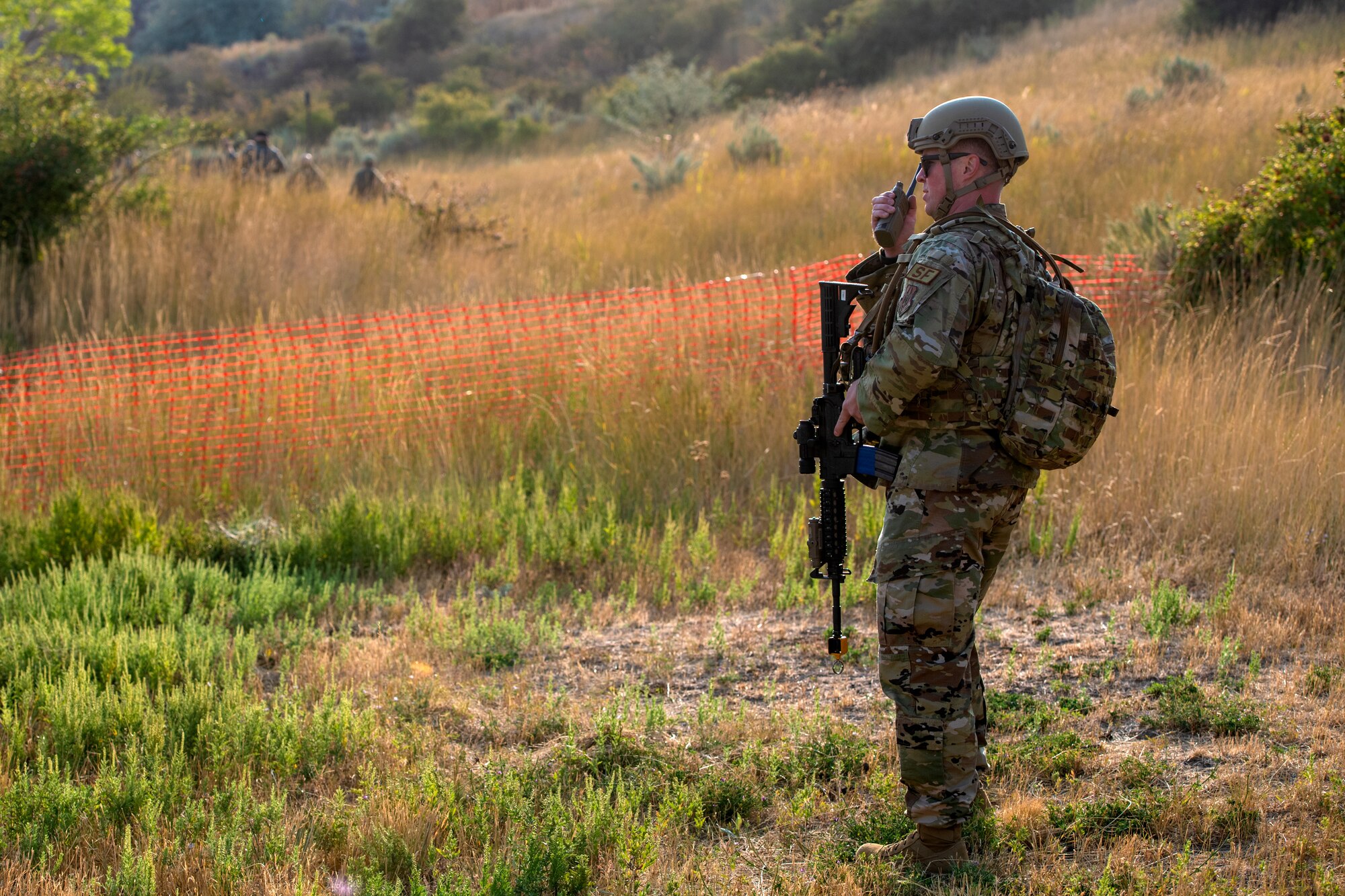 A reservist from the 419th Security Forces Squadron talks on the radio during an exercise Sept. 13, 2020, at Hill Air Force Base, Utah.