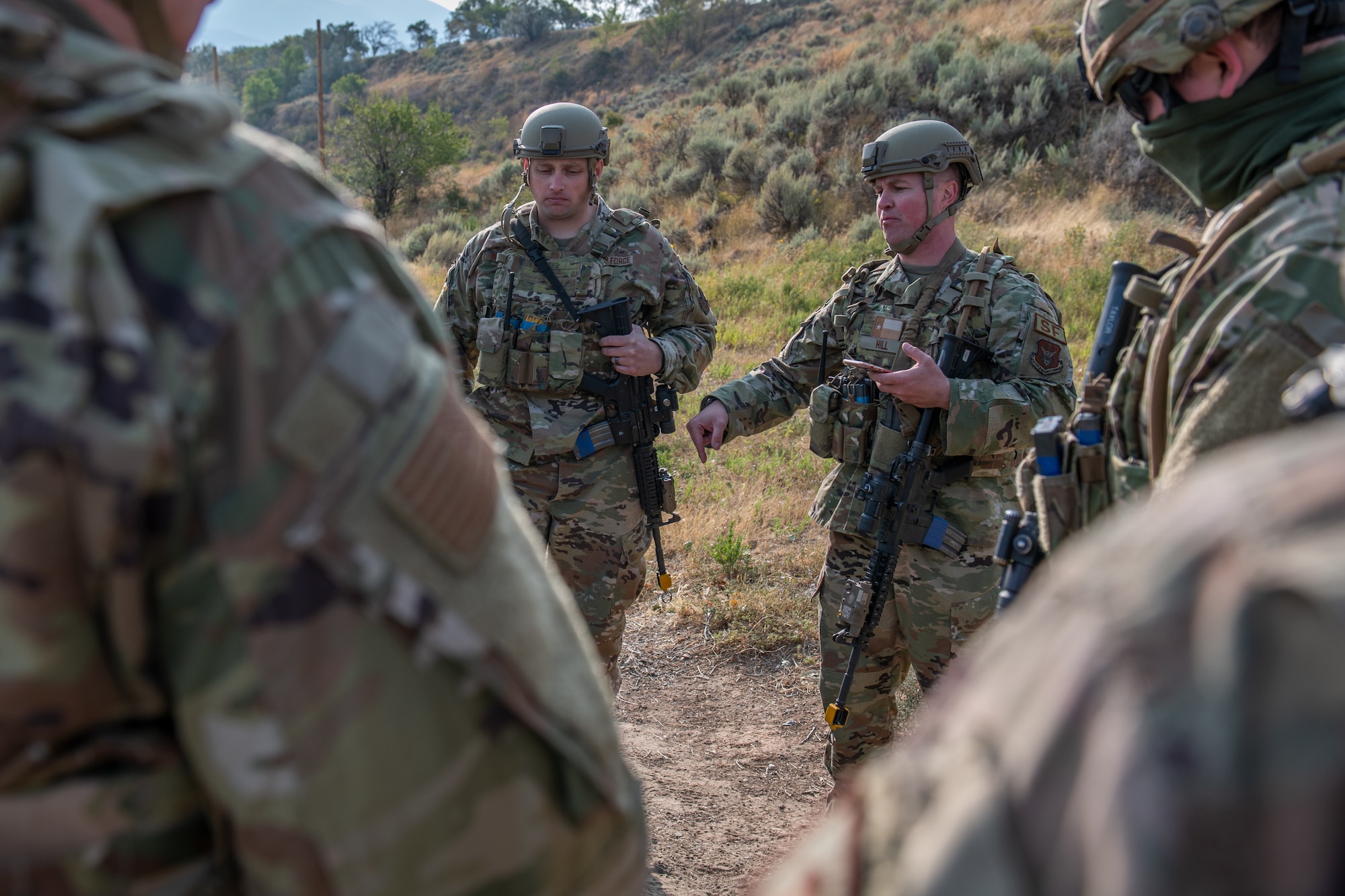 A reservist from the 419th Security Forces Squadron briefs his fellow Airmen during an exercise Sept. 13, 2020, at Hill Air Force Base, Utah.
