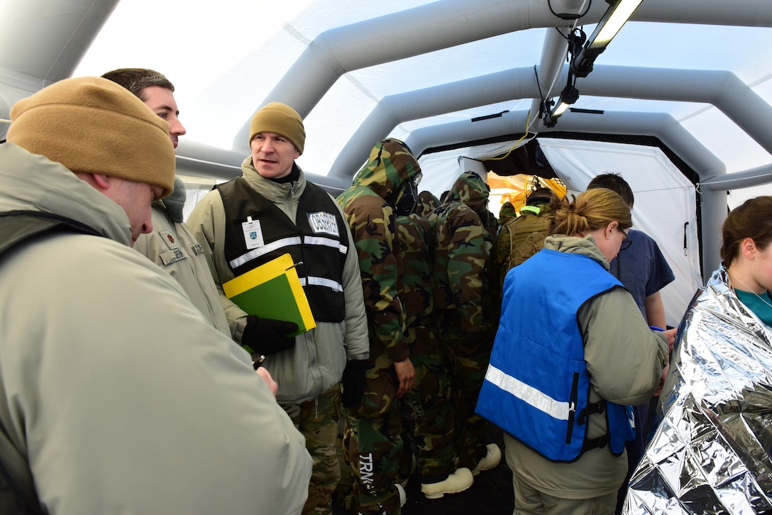 Research and development experts observe and evaluate the performance of search and extraction training at the Combined Arms Collective Training Facility, Fort Wainwright Alaska, Feb. 23 thru 25, 2020. The training was part of exercise Arctic Eagle 2020 - a statewide exercise designed to evaluate cold weather capabilities. (U.S. Air National Guard photo by Senior Airman Shannon Chace)