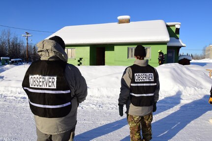 Research and development experts observe and evaluate the performance of search and extraction training at the Combined Arms Collective Training Facility, Fort Wainwright Alaska, Feb. 23 thru 25, 2020. The training was part of exercise Arctic Eagle 2020 - a statewide exercise designed to evaluate cold weather capabilities. (U.S. Air National Guard photo by Senior Airman Shannon Chace)