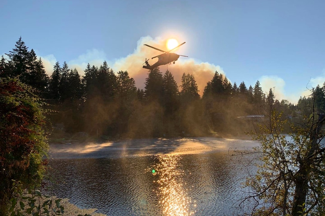 A helicopter puts water into a bucket from a lake in a forest.