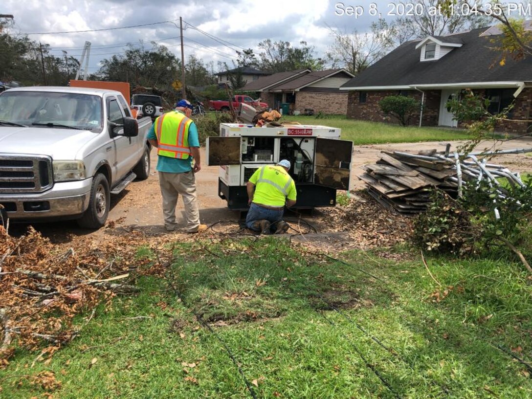 IN THE PHOTO, U.S. Army Corps of Engineers contractors install a generator at one of several facilities requesting temporary power after Hurricane Laura damaged their installation. The temporary power mission is one of the Corps' primary missions in supporting Louisiana's recovery from Hurricane Laura. (Courtesy photo)